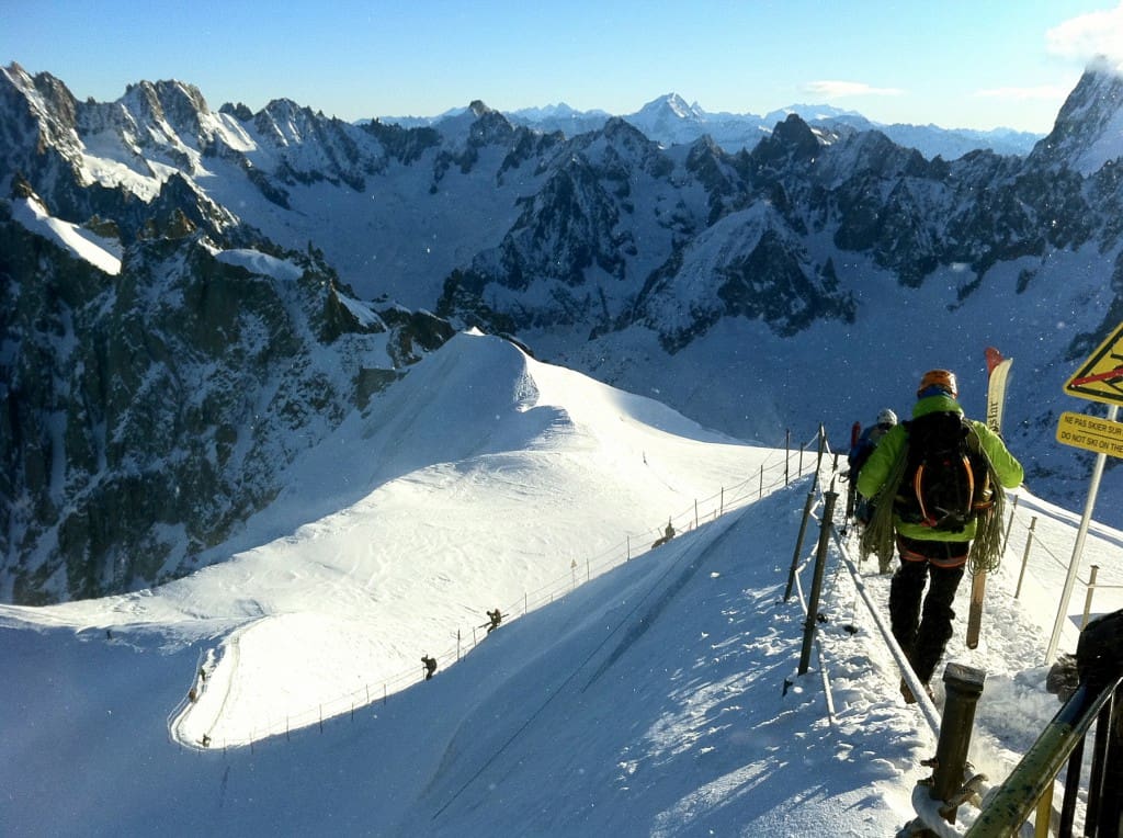 Chamonix ski resort - hiking down a snowy mountain